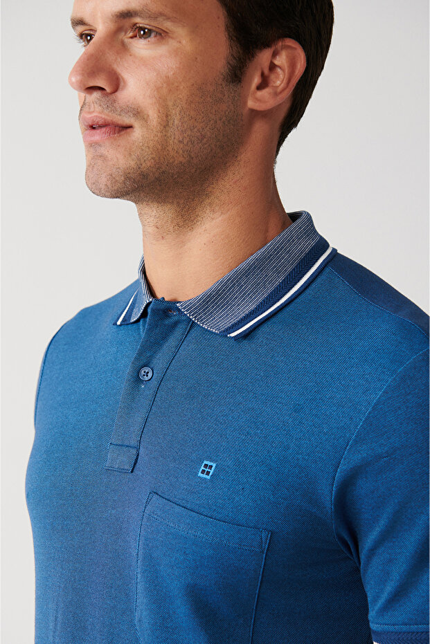 Erkek İndigo Yakası Çizgili Cepli Polo Yaka T-shirt E001031 - 2