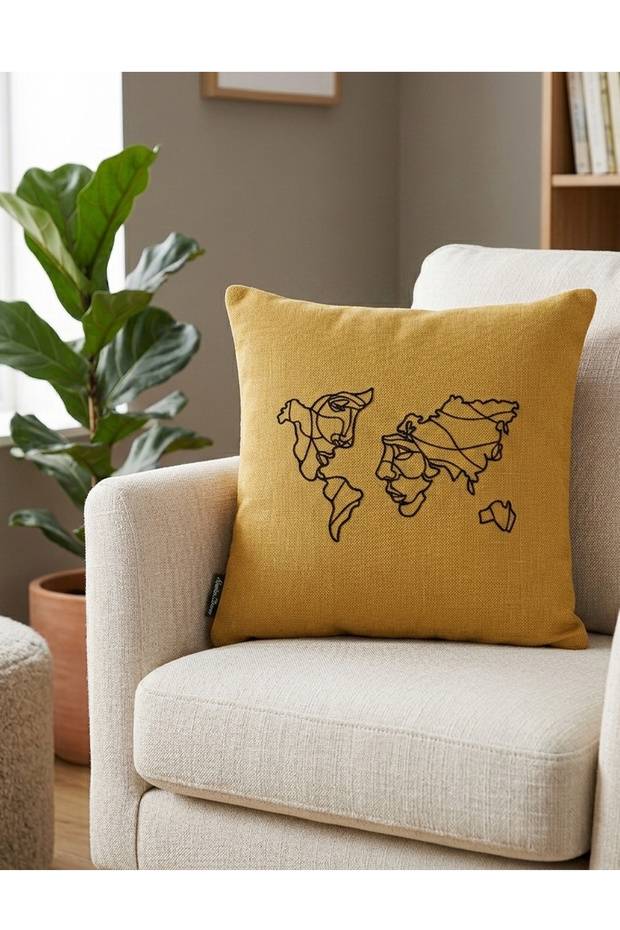 Pillow Throw Pillow Cover World Embroidered Mustard