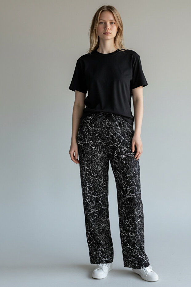 PATTERNED-BLACK-DARK BLUE Large Size Pajama Bottoms Modal Fabric Modern Quality Women's Pajama Bottoms