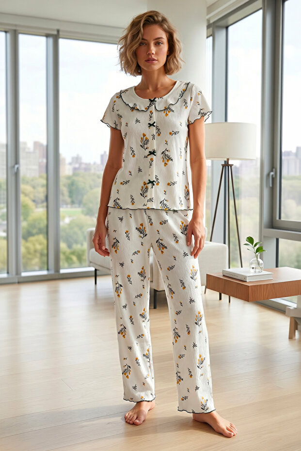 Floral Patterned Cotton Boat Neck Wrinkled Soft Summer Pajama Set Yellow