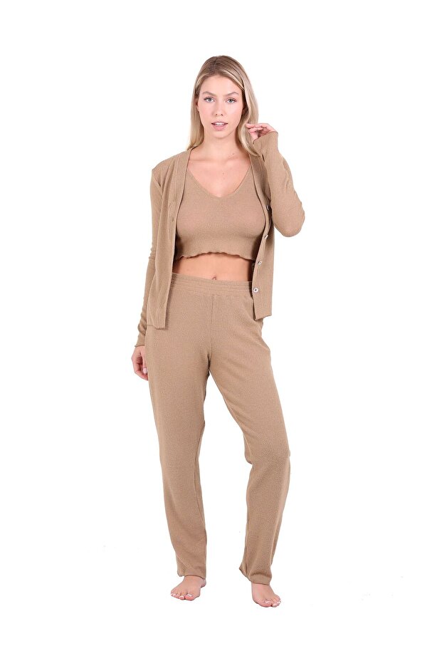 Ribbed Crop 3lü Takımı Camel