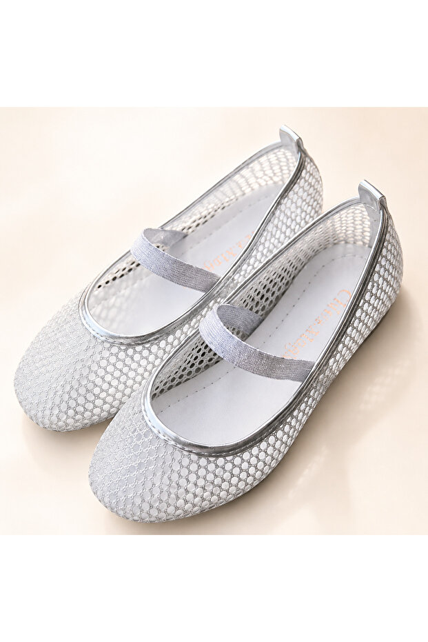 Silver Mesh Detailed Elastic Band Girls' Ballerinas