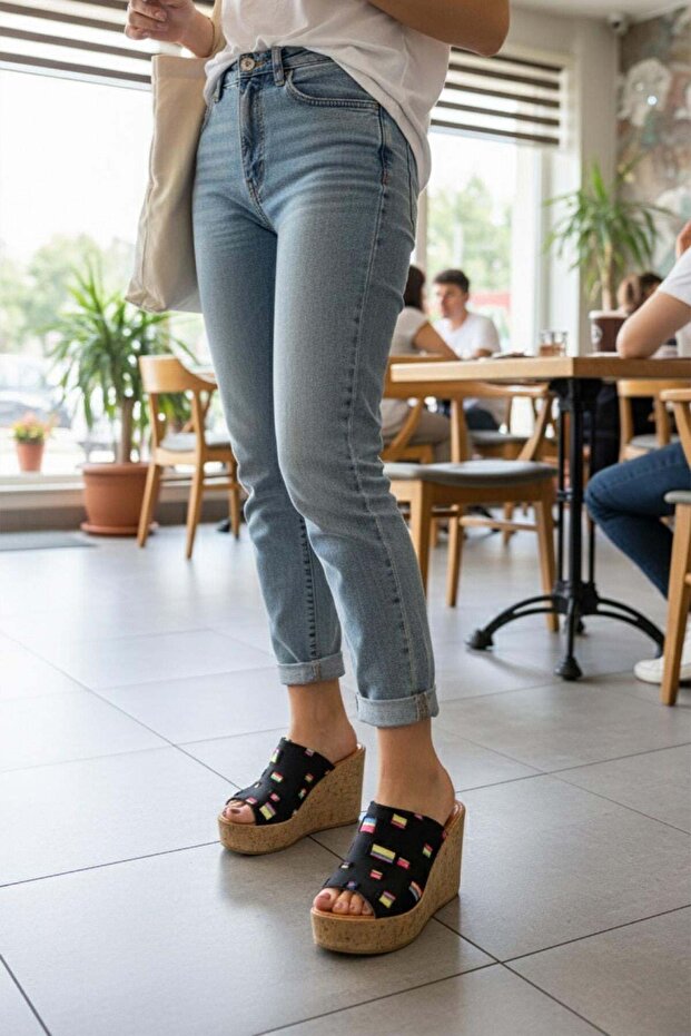 Women's Holi Black Denim 10 cm Cork Sole Slippers K-920