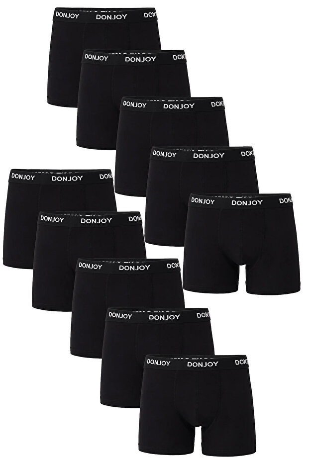 don joy Erkek 10'lu Pamuklu Likralı Penye Beli Lastikli Siyah Boxer