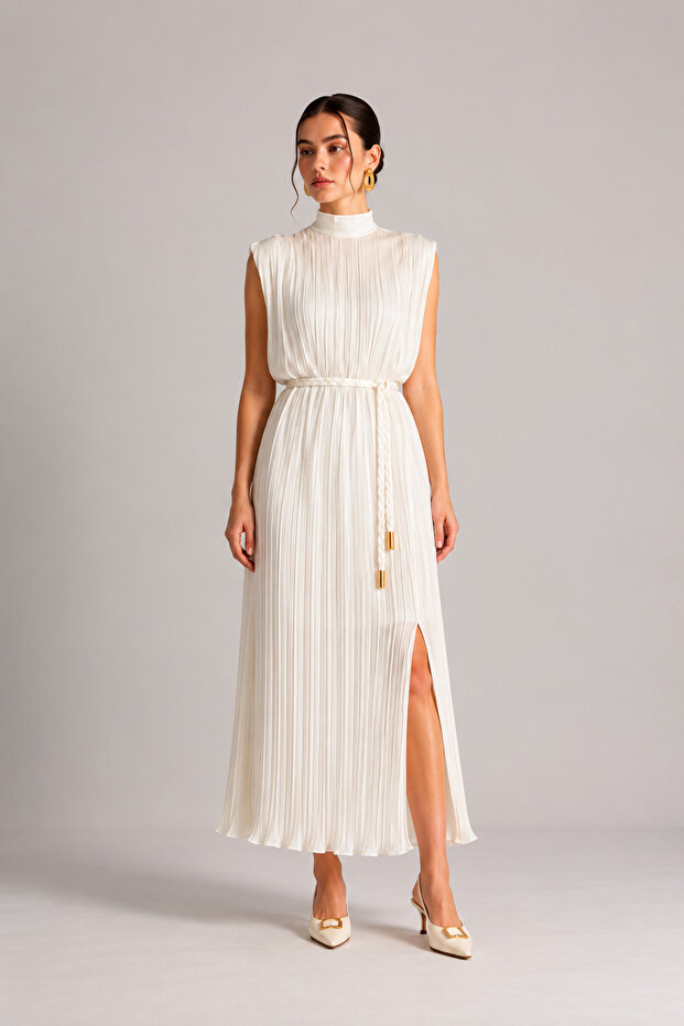 Ecru Long Pleated Dress