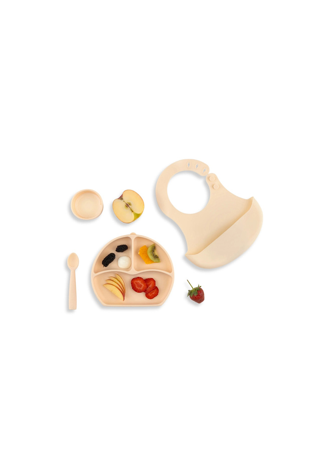 Silicone Nutrition Set Ecru - Silicone Apron & Plate & Cup & Spoon - Bpa Free