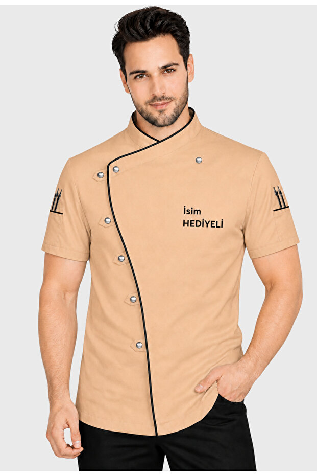 Beige Short Sleeve Chef Cook Jacket with Name Gift Summer Cook Outfit Cook Jersey Cook Shirt Model