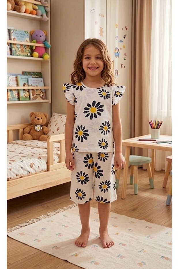 Girl's Cotton White Navy Blue Floral Patterned Short Sleeve Shorts Summer Pajama Set