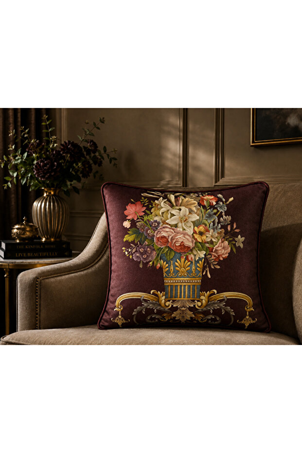 Imported Silk Velvet Damask Pattern Burgundy Cushion Cover 43X43