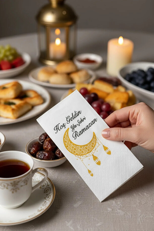 منديل رمضان منقوش / منديل ضيافة منقوش بتصميم رمضاني 33 × 33