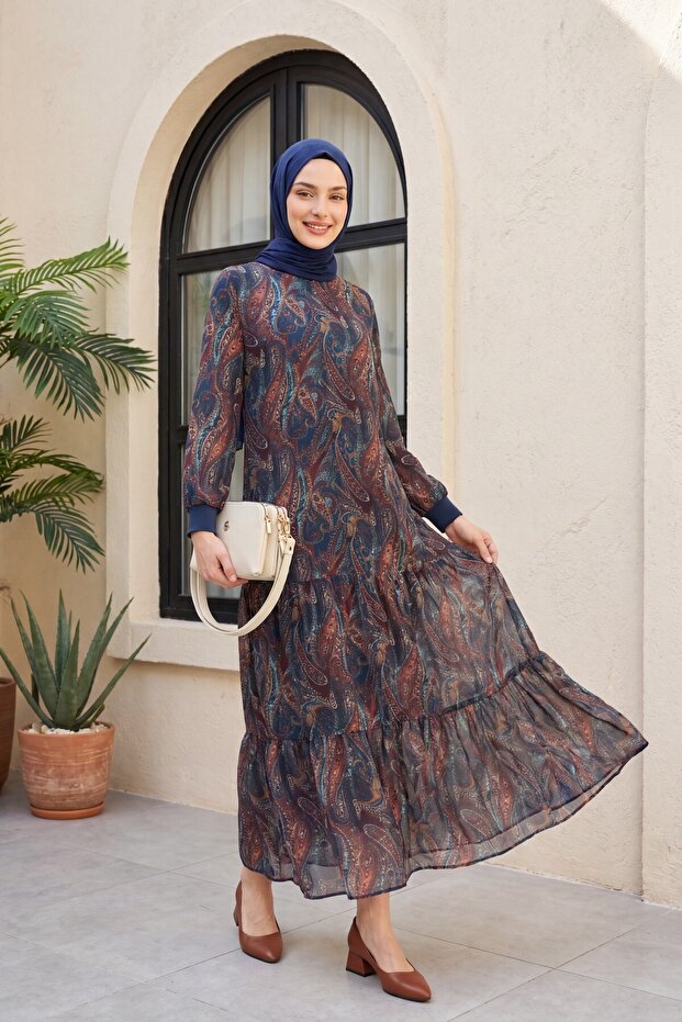 Ethnic Pattern Patchwork Hem Lined Chiffon Dress - Emerald