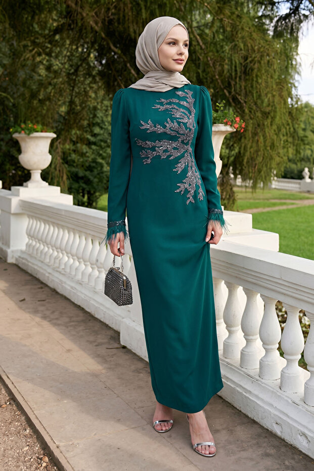 Feather Detailed Stone Emerald Green Evening Dress