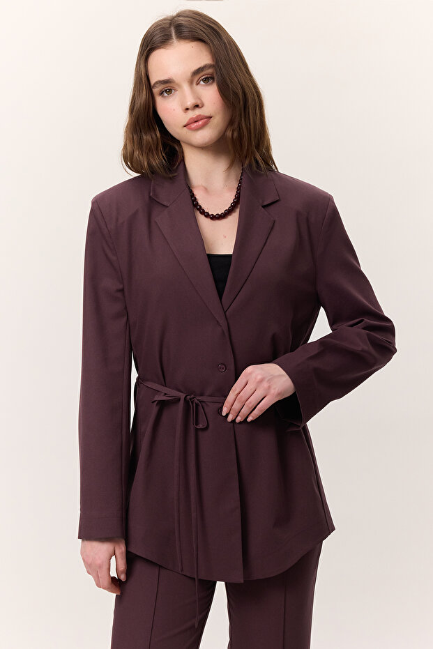 Belted Buttoned Blazer Jacket Burgundy - 5