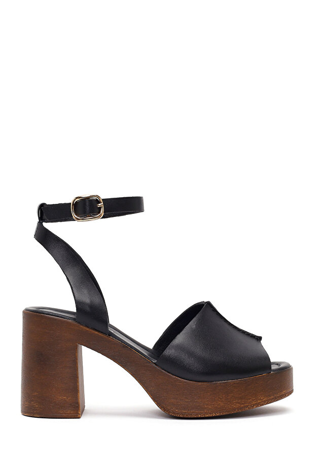 Women's Black Ankle Buckle Platform Thick Heeled Leather Sandals 26Sfd420818