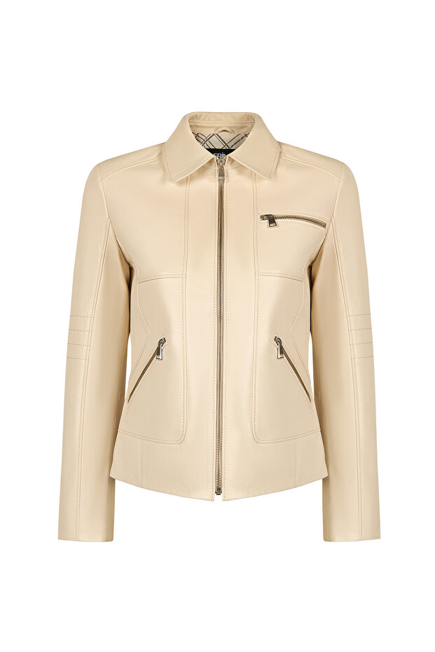 Kim Women's Ecru Short Leather Jacket 26Sge5684R3