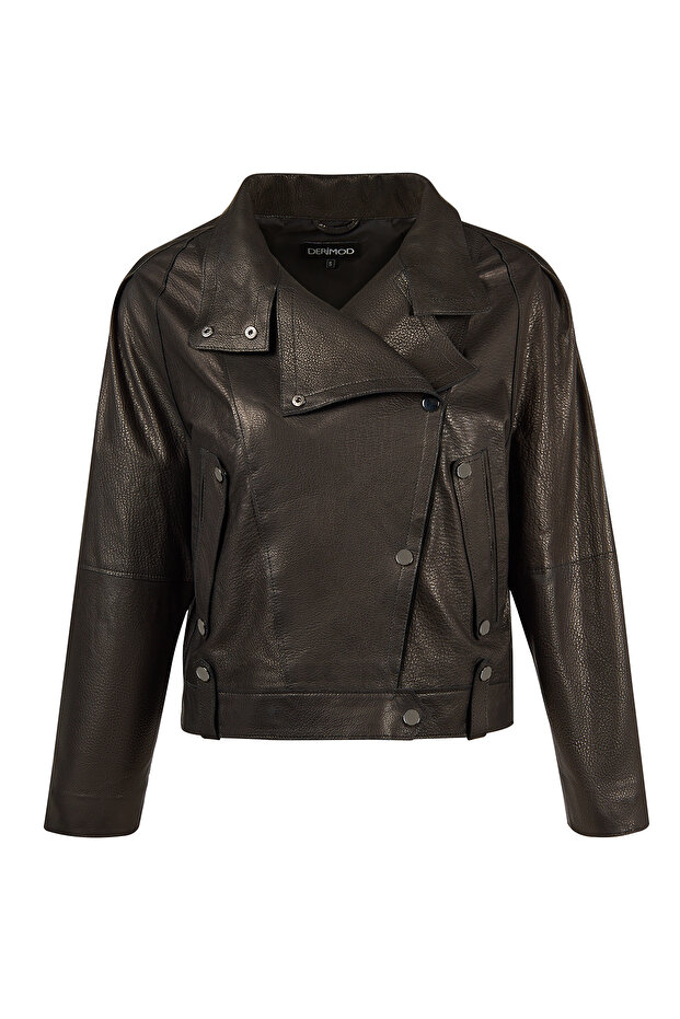 سترة تورينو النسائية السوداء Biker Oversize جلد 26SGD56558S