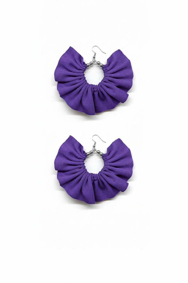 Women's Silver Color Hoop Dangle Earrings – Purple Fabric Beaded Design