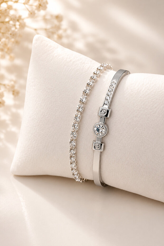 Silver Color Zircon Stone Detailed 2 Piece Bracelet Combination