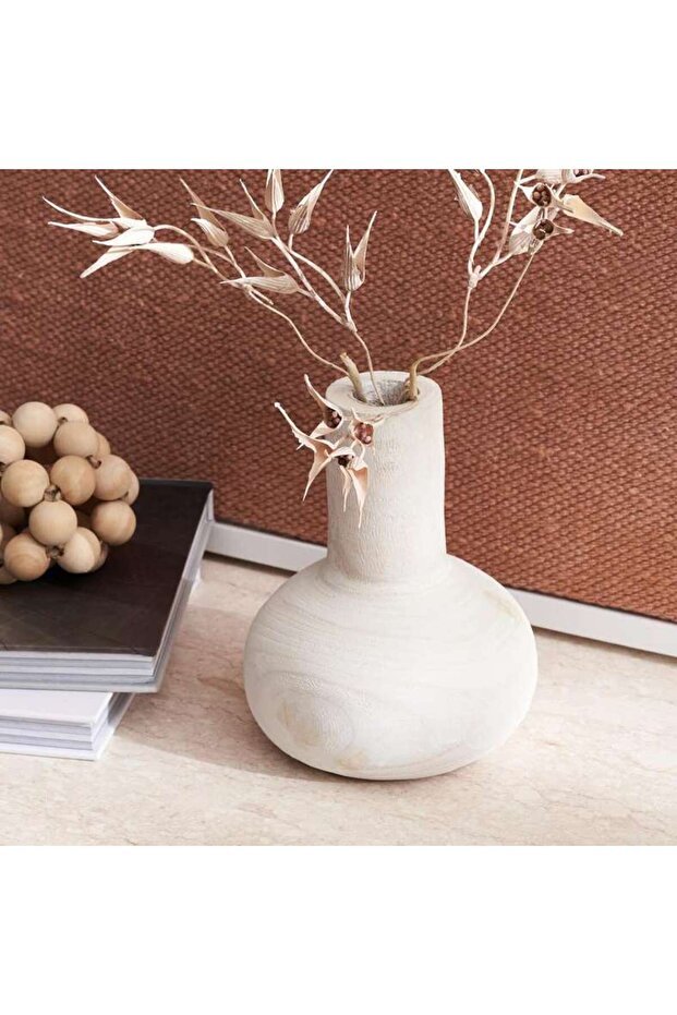 Alida Wooden Decor Tall Neck Vase 14x18cm - White