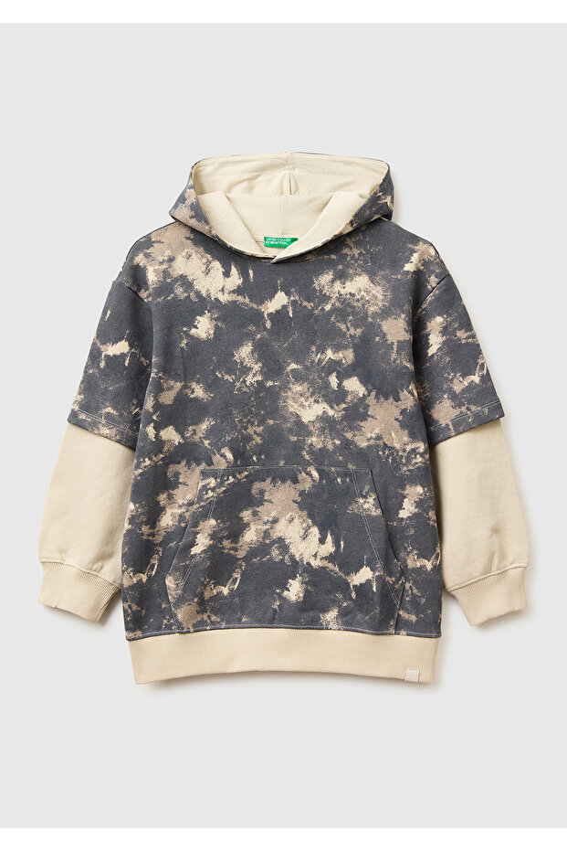 Boy's Anthracite Mix All-Over Patterned Double Sleeve Hooded Sweatshirt with Logo Label