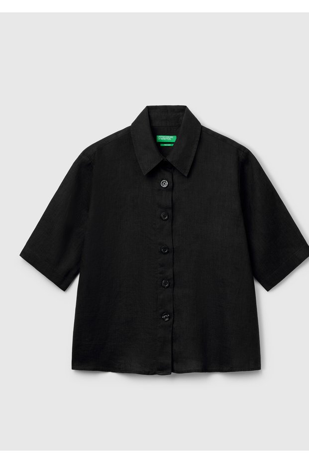 Women's Black 100% Linen Half Sleeve Plain Shirt