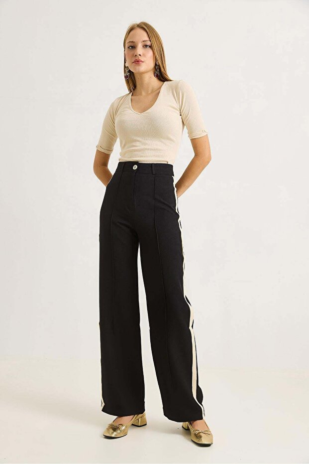Two-Button Stylish Fabric Wide-Leg Trousers Black