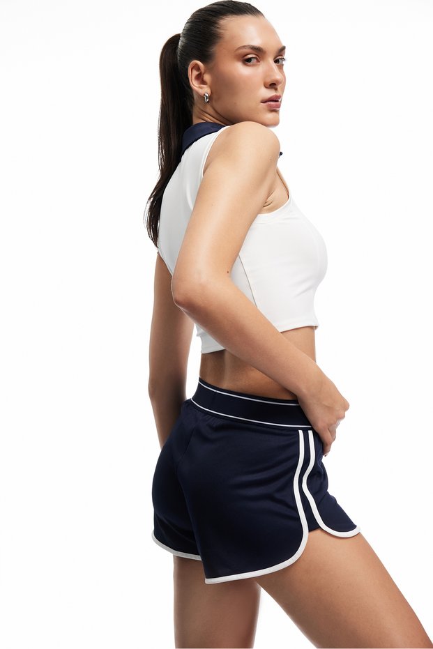 Elastic Waist Label Printed Striped Mini Sports Shorts