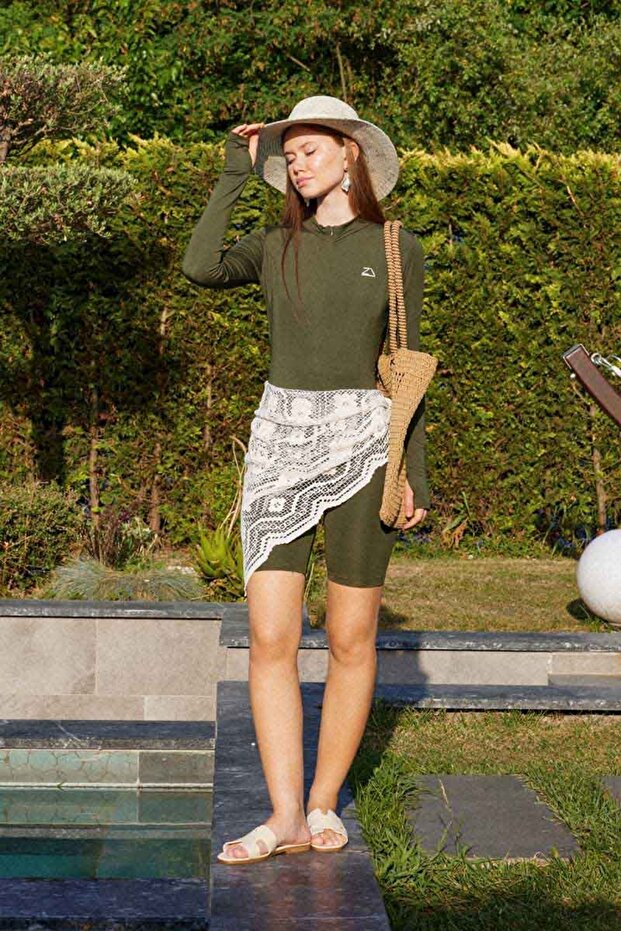 Long Sleeve Swimmer Swimsuit with Shorts Khaki