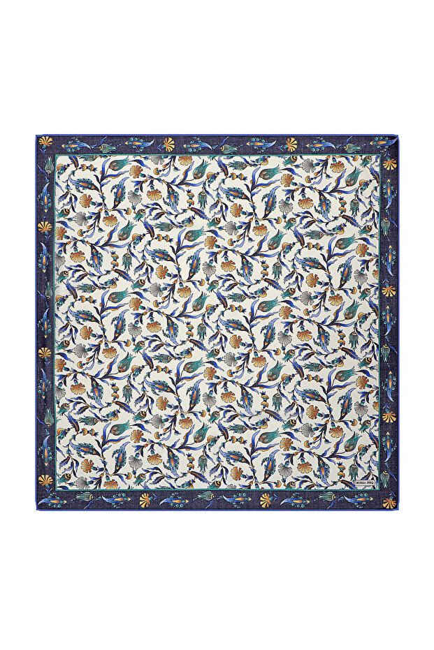 Navy Blue Tulip Patterned Soft Scarf - 1