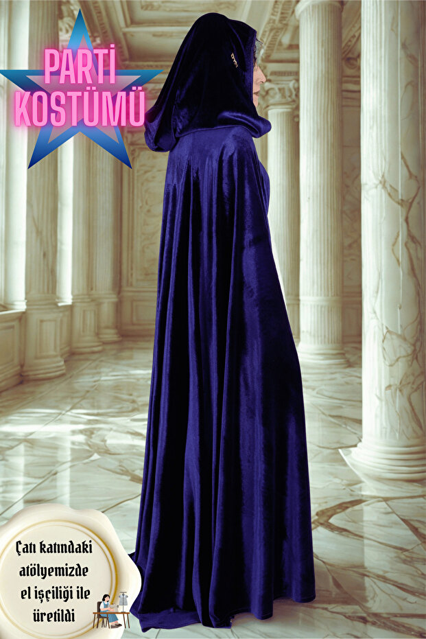Navy Blue Velvet Cloak Halloween Party Cosplay Costume Theater Outfit