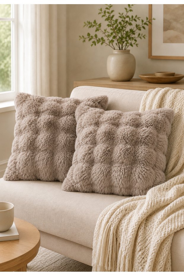 Brown Plush Throw Pillow Cover Set of Two - Modern Stylish Retro Living Room Decor - Luxury Home Decoration