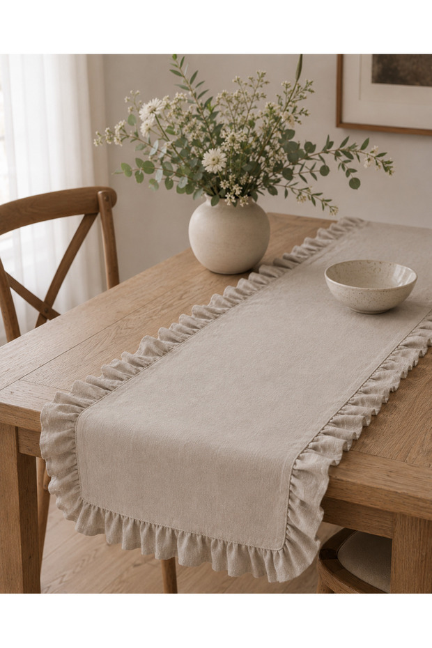 Pera Raw Linen Frilly Runner-Rustic, Hand Sewing 50 X 150 cm