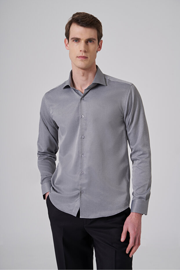Men's Gray Polyester Trend Slim Fit Full Italian Collar Shirt