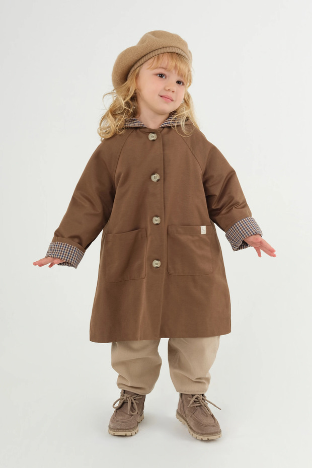 Hooded Plaid Lined Trench Coat Brown