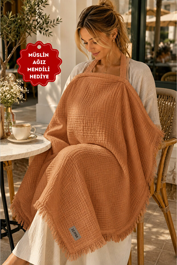 Muslin Nursing Cover and Stroller Cover 90X110 Cm, Brown 4 Layers 100% Cotton with Tassels