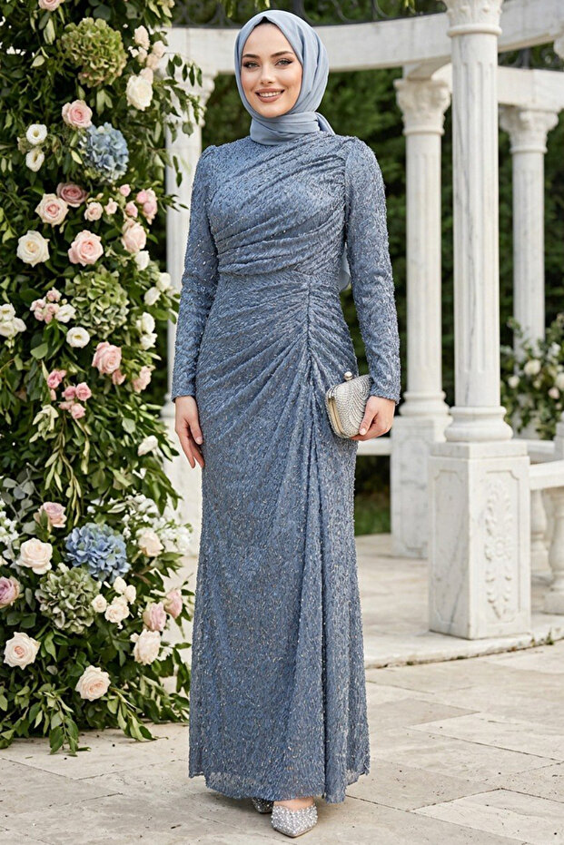 Beading Embroidered Indigo Blue Hijab Evening Dress 50341Im