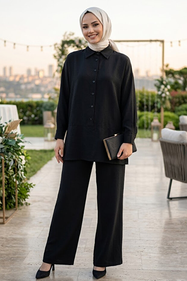 Buttoned Black Hijab Double Suit 67751S