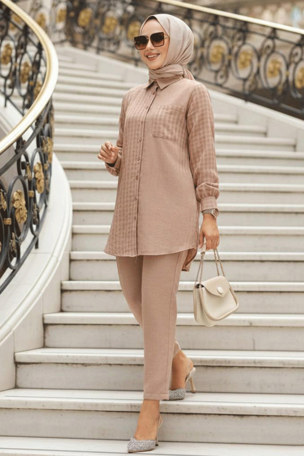 Gingham Detailed Mink Hijab Double Set 12191V