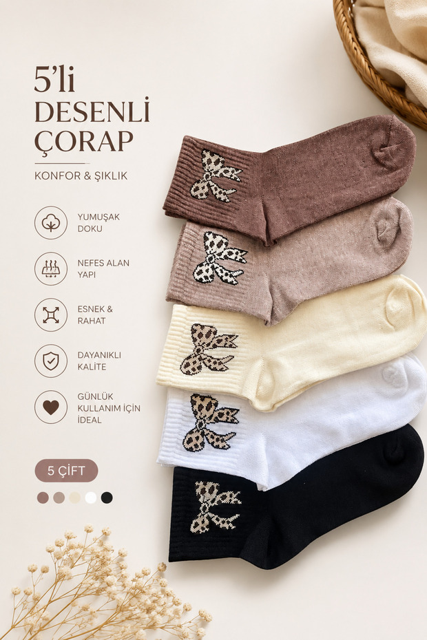 5 Pairs Bowknot Patterned Colorful Socks Colorful Women's College Socks 5 Pieces