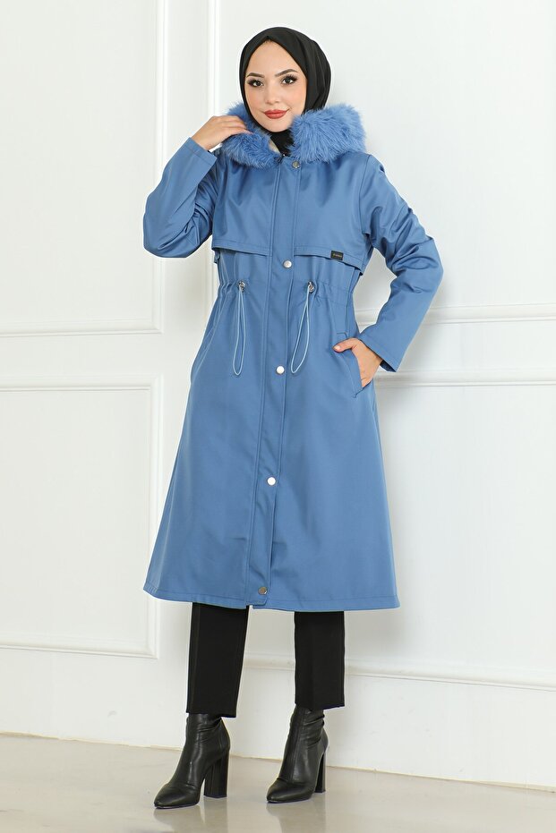 Hooded Coat with Hidden Zipper Blue 19211