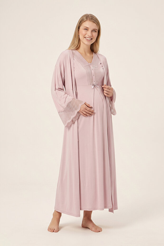 Maternity Nightgown and Robe Set/Cotton Postpartum Set/Short-Sleeved Nightgown/Lace, Piped Collar