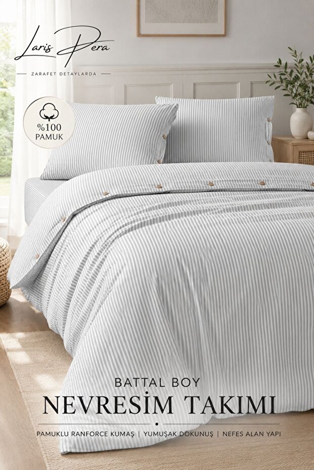 Laris Pera %100 Cotton Ranforce Light Gray Oversized Striped Duvet Cover Set with Buttons King Size