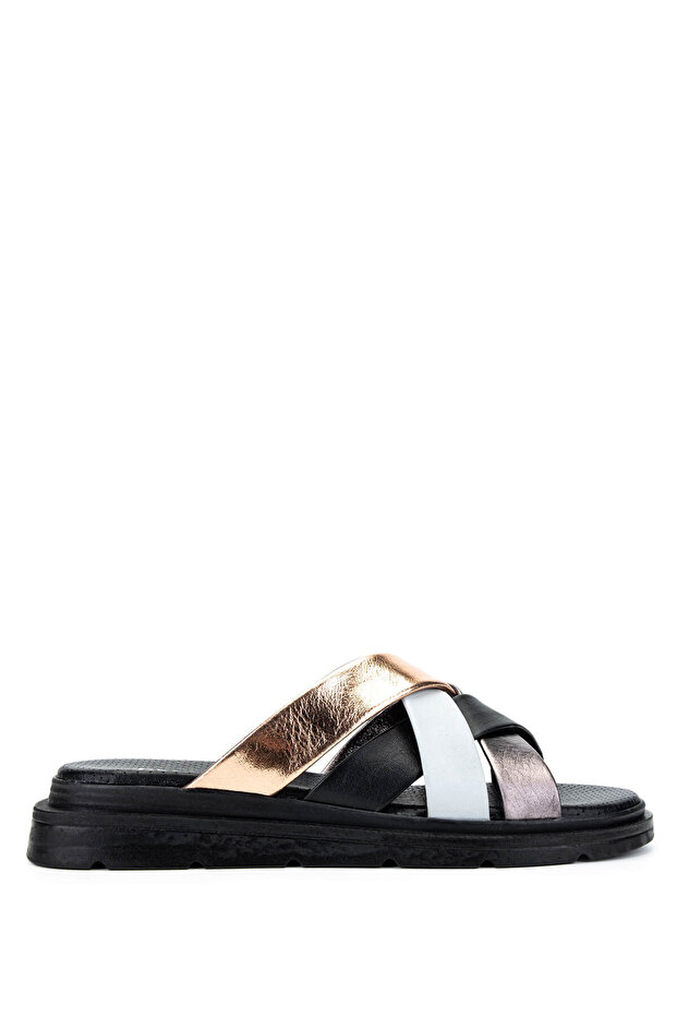 Women's Genuine Leather Black Flat Slippers