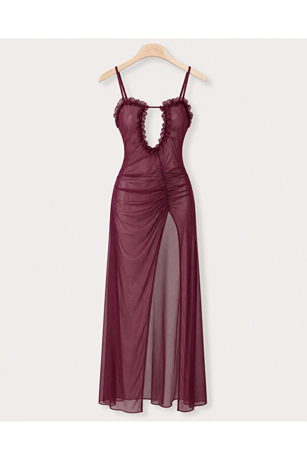 Burgundy Deep Chest and Leg Cutout Nightgown Set