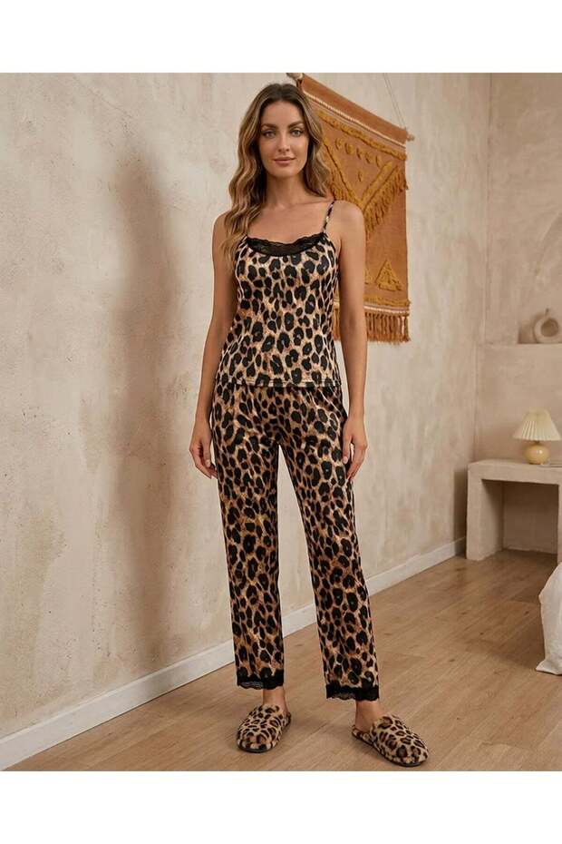 Lace Detailed Leopard Pattern Strap Home Wear Set