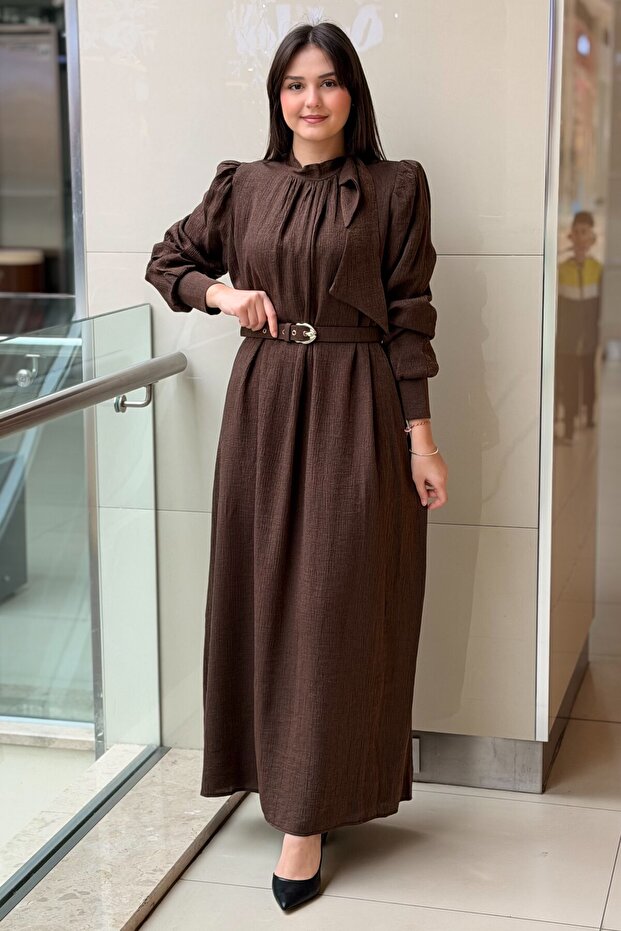 Scarf Collar Shoulder Button Detailed Dress with Belt Buttons