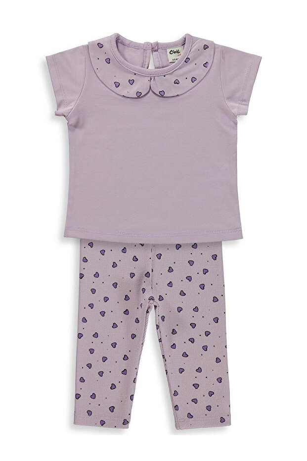 Heart Printed Baby Collar Set 6-18 Months - Lilac