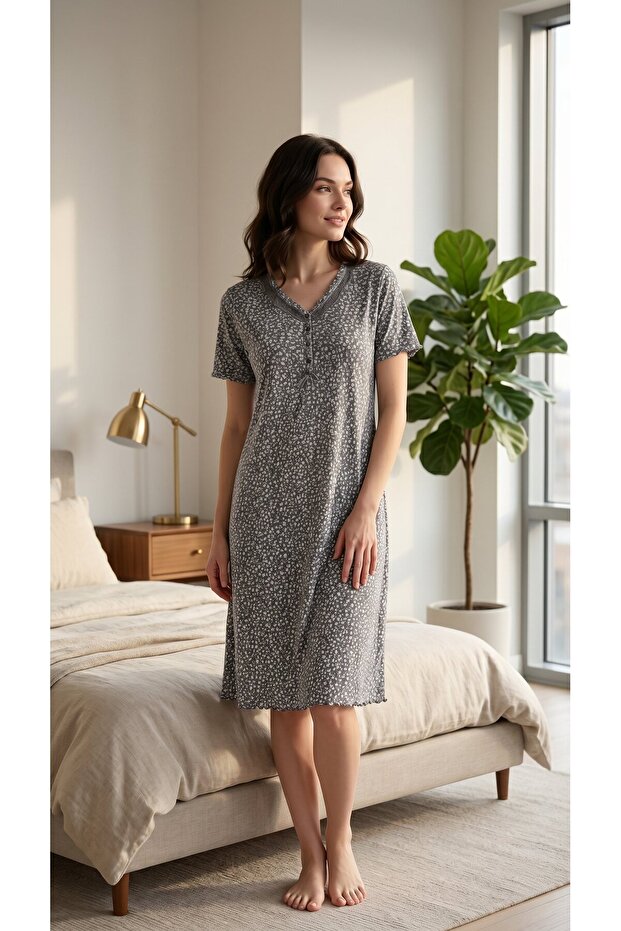 Angelique Bamboo Fabric Short Sleeve Lace and Button Detailed Floral Patterned Nightgown 22544-545