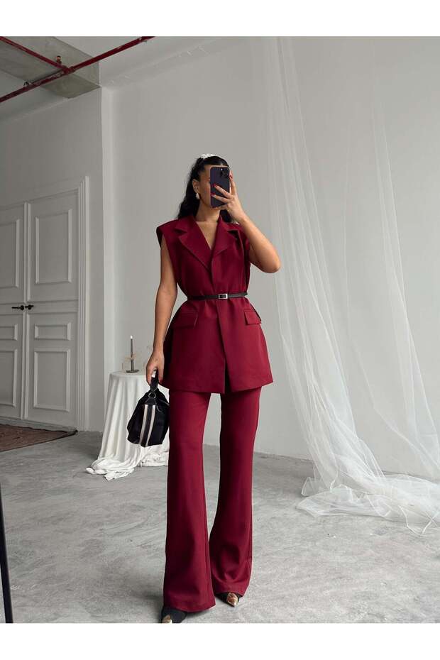 Leather Belted Vest - Burgundy
