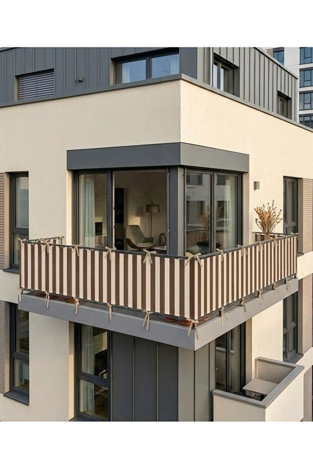 Brown-Cream 4-Sided Lace-Up Balcony Iron Screen Curtain, Durable Iron Screen Covering Tarpaulin That Provides Privacy